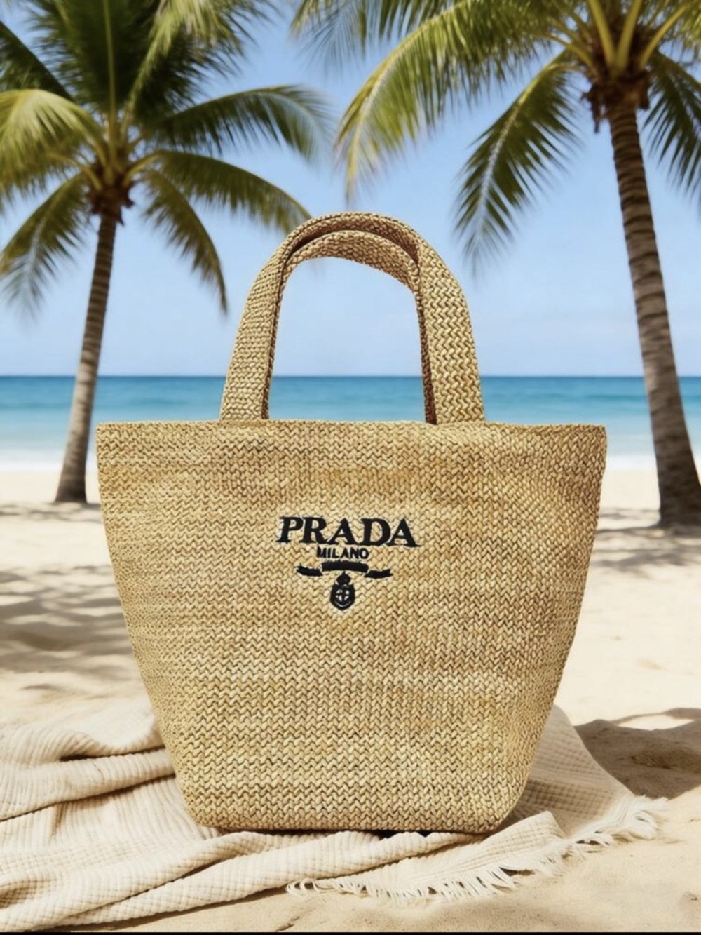 Prada Raffia Tote Bag with Black Logo - Picture 3 of 9